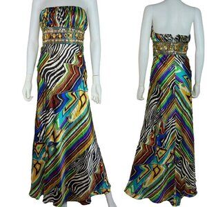 Cache Liquid Satin Formal Prom Dress Zebra Multicolored Stripes Beaded Women's 2